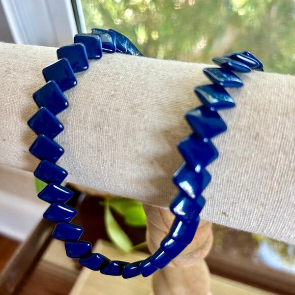 Vintage Navy Blue Square Beaded Trifari Necklace 16 Inch - Picture 2 of 13